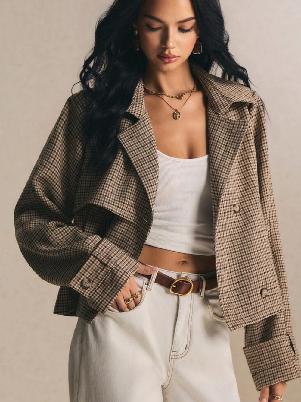 Poéselle French Plaid Elegant Vintage Versatile Short Trench Coat,Classic Trench
